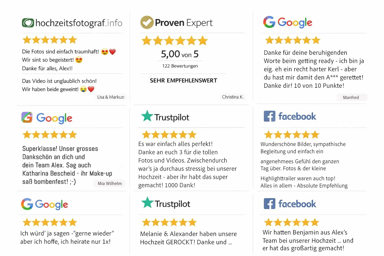Kundenbewertungen und Testimonials — ProvenExpert 5.0, Google 5 Sterne, Trustpilot 5.0