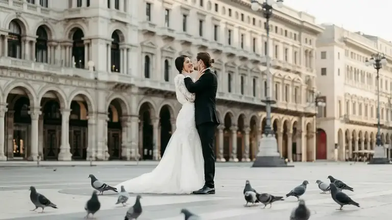 Hochzeitspaar umarmt sich auf einem historischen Platz – Hochzeitsfotografie von Alexander Pfeffel